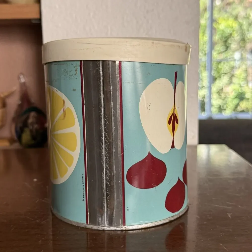 Vintage Metal Yellow Kitchen Canister With Plastic Lid Mid Century Fruit